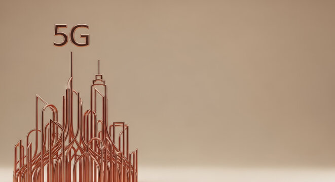 Abstract depiction of 5G connectivity with rising copper lines and ample copy space for technology advertisements and promotional materials, banner with copy space