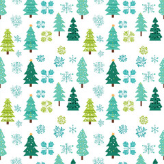 Obraz premium Seamless pattern with Christmas trees and snowflakes, winter holiday background.