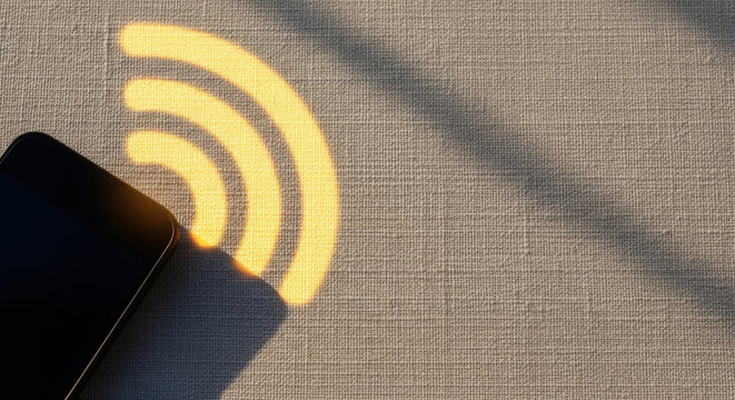 Smartphone silhouette casting golden signal pattern for technology promotions, 5G networks, advertising digital connectivity and mobile applications, banner with copy space