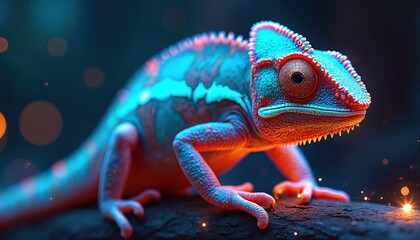 Digital chameleon with neon skin sits on branch. Abstract bokeh lights glow in dark background. Futuristic reptile embodies tech, data, and adaptation for science concepts.