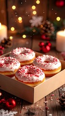 Sweet Christmas donuts, glazed white with red sprinkles, in a gift box. Surrounded by warm candlelight and festive decorations, creating a cozy winter holiday celebration