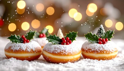 Delightful Christmas donuts adorned with powdered sugar, festive holly berries, and miniature trees, set against a magical bokeh background of twinkling holiday lights, evoking seasonal joy