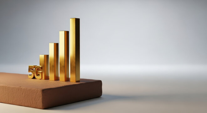 Golden metallic 5G signal bars rising on a neutral background for tech marketing, telecommunications promotions, advertising campaigns, and digital content creation, banner with copy space