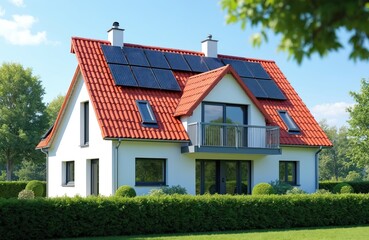 Modern white house with red tile roof installed with solar panels. Green hedge and trees surround the residence. Sunny day under blue sky, perfect for green energy.