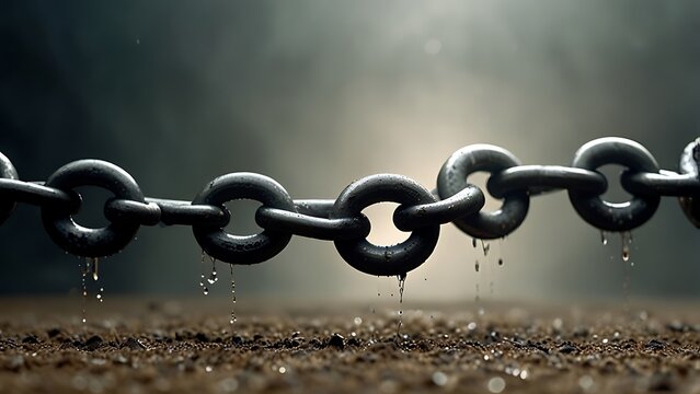 Metal chains breaking into fine dust within a calm, foggy setting illuminated by soft light beams