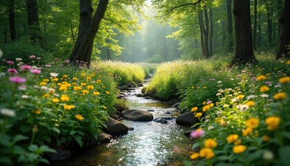 Naklejka premium Small creek flows through sunny forest glade. Stream runs over rocks, stones, banks covered with wildflowers. Sunbeams shine through trees in peaceful green woods, beautiful summer nature background.