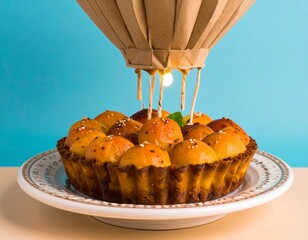 Whimsical baked tart with mini golden buns and a creative hot air balloon light decoration on a