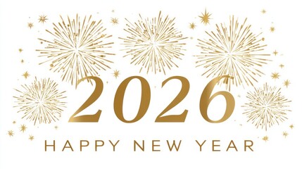 Elegant 2026 Happy New Year concept with golden text and fireworks pattern on a simple white background