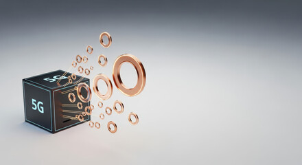Glowing copper rings expanding from a 5G cube in a minimalist style for technology ads, digital design projects, and promotional materials, banner with copy space