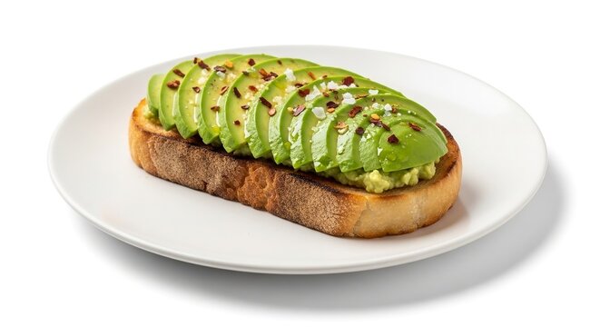 Avocado Toast with Sliced Avocado, Seasoning, and Olive Oil on White Background