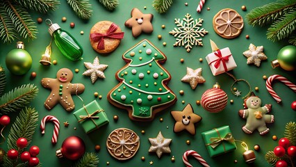 Festive christmas cookie arrangement with evergreen branches on green background