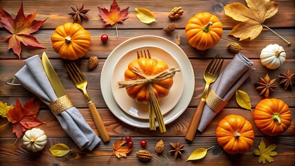 Festive thanksgiving table setting with pumpkins and autumn leaves on wood