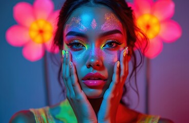 Woman face adorned with bold fantasy art makeup, glitter accents, neon colors. Eyes prominent, framed by dramatic eyeshadow. Holds face, showing off sparkly nails. Large pink flowers glow behind.