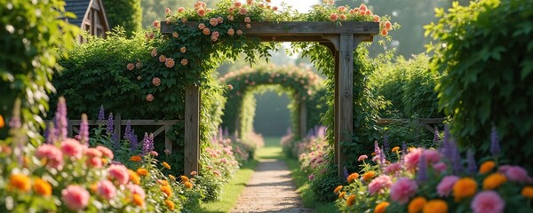 Fototapeta premium Wooden archway trellis with climbing roses over a garden path. Lush backyard alley with blooming flowers in summer. Romantic floral pergola creates a beautiful country landscape.