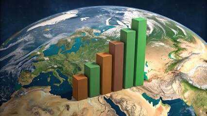 A 3D bar chart displays growth against a backdrop of Earth, symbolizing global data and trends in various sectors.