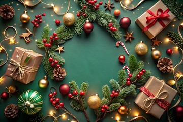 Festive christmas wreath and gifts on a green background with copy space
