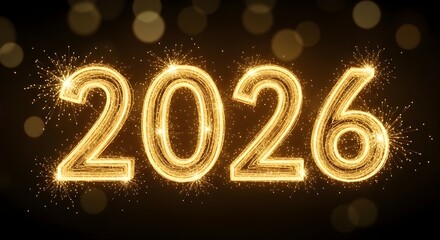 Bright 3D illustration of the year 2026 written in glittering gold sparklers and fireworks effect against a dark background with bokeh lights. Represents celebration, New Year's Eve