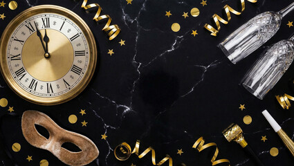 Elegant New Year's Eve Flat Lay on Black Marble with Gold Confetti and Clock