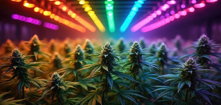 Rows of cannabis plants grow indoors under vibrant LED lights. Buds mature with full green leaves, showing trichomes. The scene suggests advanced cultivation and research.