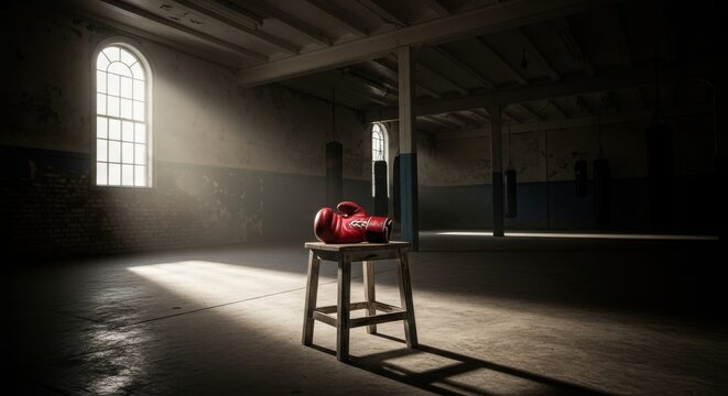Red boxing glove illuminated with vibrant blue neon light in a dark futuristic arena