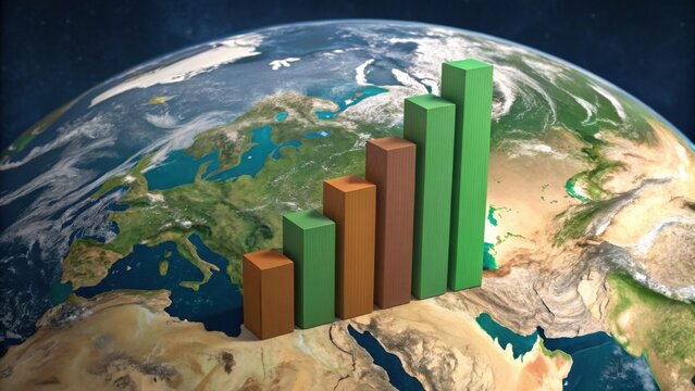 A 3D bar chart displays growth against a backdrop of Earth, symbolizing global data and trends in various sectors.