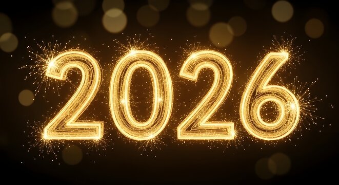 Bright 3D illustration of the year 2026 written in glittering gold sparklers and fireworks effect against a dark background with bokeh lights. Represents celebration, New Year's Eve