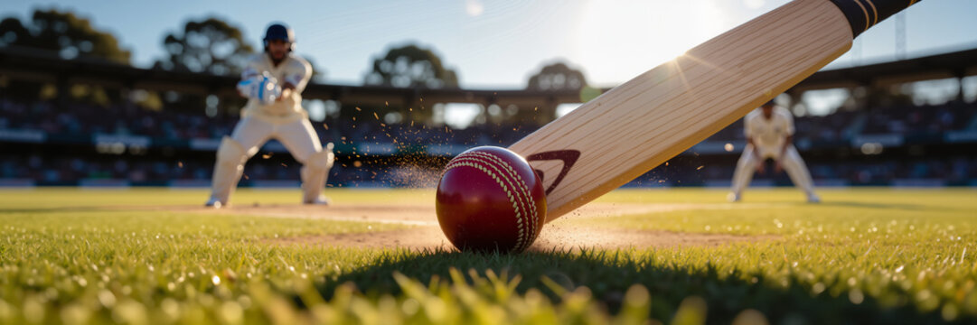 Cricket ball hitting wooden bat in action on grass field   - Powered by Adobe