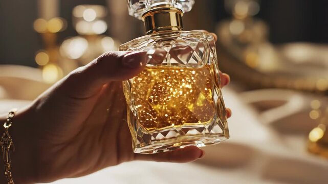 Woman presenting luxury perfume bottle with golden sparkling liquid in extreme closeup macro. Elegant hand holding faceted glass vial revealing shimmering elixir concept for advertising footage.