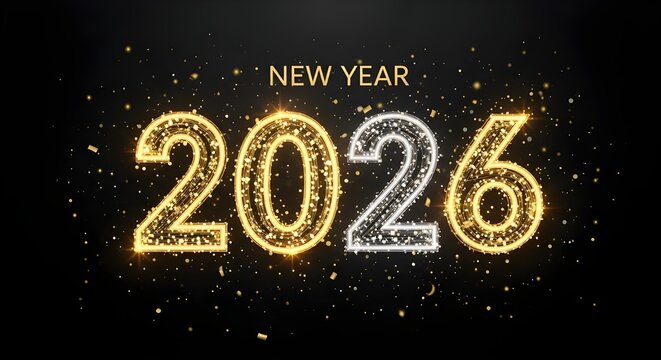 Digital text rendering of "2026 NEW YEAR" with shimmering gold and silver light effects and falling confetti on a dark background. Ideal for modern holiday greetings and digital banners