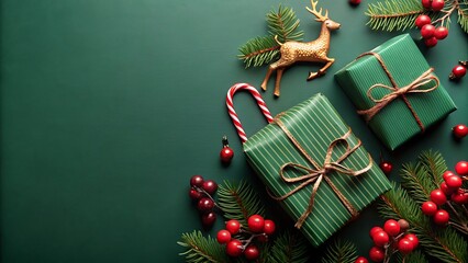 Festive christmas gift boxes with evergreen branches and berries on green background