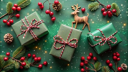 Festive christmas gifts and decorations on a green background for holiday season