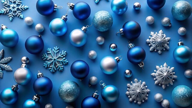Festive blue christmas ornaments and silver snowflakes on a blue background