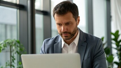A focused professional man working on a laptop in a modern office setting, surrounded by greenery and natural light.