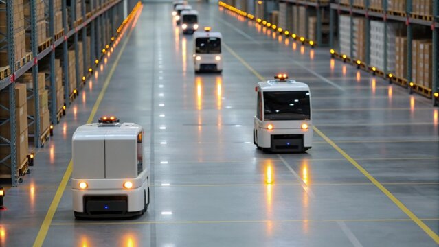 Automated robots navigate a spacious warehouse, efficiently managing logistics and transportation of goods.