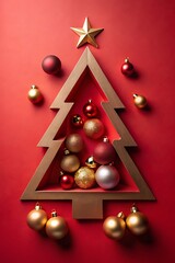 Festive christmas tree outline with ornaments on red background