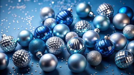 Festive blue and silver christmas ornaments with sparkly glitter background