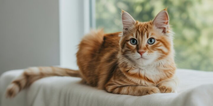 Golden Gaze: An orange cat reclines gracefully on a windowsill, illuminated by soft natural light. The feline's striking blue eyes exude curiosity. - Powered by Adobe