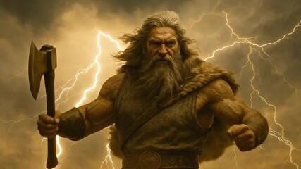 god Perun Slavic god of thunder wielding a mighty axe, lightning crackling above, stormMighty Bearded Mythological Warrior with Axe Against Crashing Lightning Storm Sky, Evoking Ancient Deity Strength