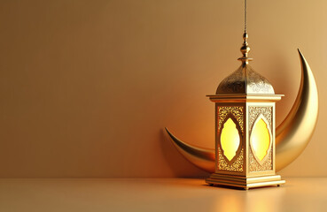 Golden Ramadan lantern and crescent moon design. This Islamic decoration symbolizes holiday celebration, offering wishes for peace and prosperity. Ideal for greetings.