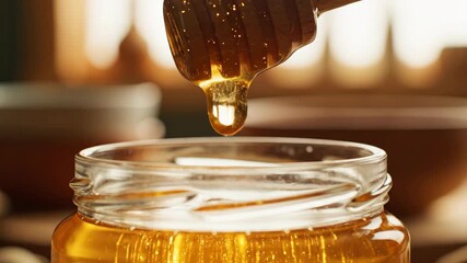 Honey pouring from wooden dipper into glass jar in slow motion. Extreme close-up macro footage capturing golden liquid flow for natural sweetness and purity advertising concept. - Powered by Adobe