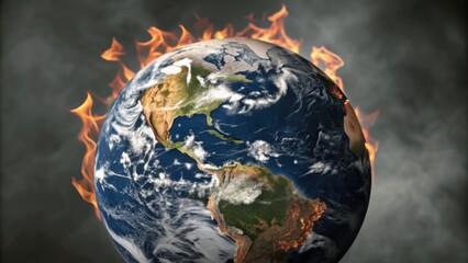 A fiery globe symbolizes the urgent crisis of climate change, depicting Earth engulfed in flames against a stormy backdrop.