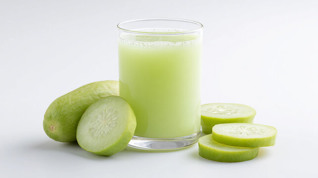 Refreshing Calabash or lauki juice in a glass with fresh Calabash isolated on white background for healthy lifestyle