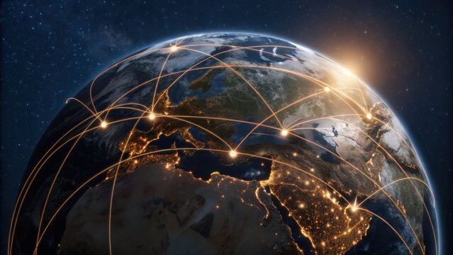 A digital rendering of Earth showcasing global connectivity with illuminated lines connecting various locations, symbolizing the network of communication and technology.