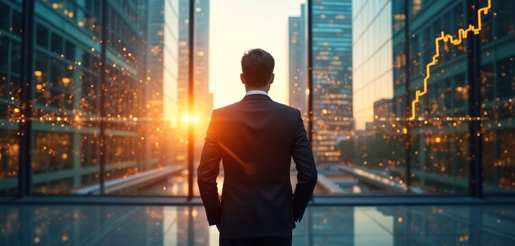Rear view of businessman in suit standing looking at cityscape. Business person in office looks at modern city. Success vision future, career path, financial investment and strategy.