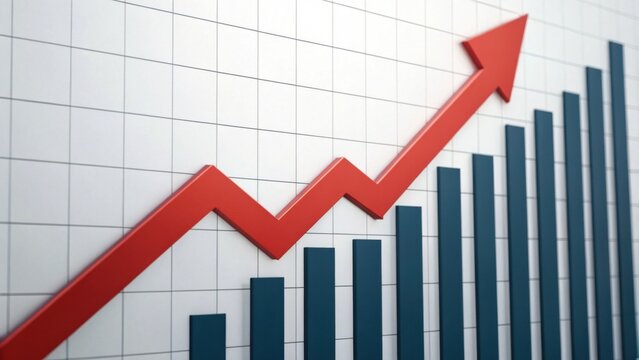 A red upward trend line on a grid background, depicting growth and positive movement in data or financial metrics.