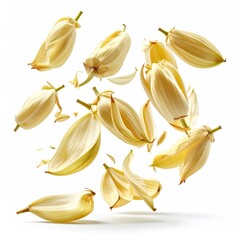 Pale yellow flower blossoms and petals in mid-air