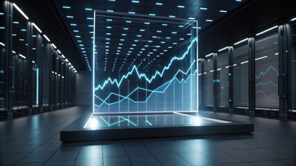 A futuristic data visualization room featuring a transparent display of rising graphs and charts, highlighting growth and analytics.