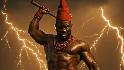 God Shango Yoruba god of thunder, holding a double-headed axe, lightning bolts behind him. Powerful Shamanic Warrior in Red Hat and Beads Wielding Staff Against Dramatic Lightning Storm Sky