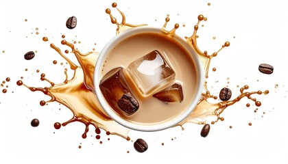 Iced coffee in a white cup, coffee beans, and splashes