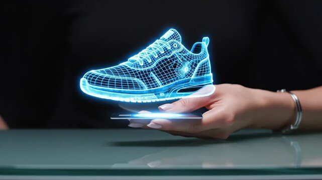 Woman inserts card to generate holographic sneaker above surface. Augmented reality product activation for digital shopping visualization. Innovative advertising technology footage.